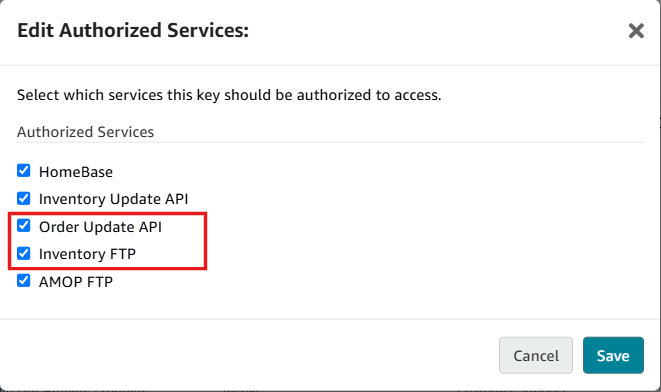 AbeBooks Edit Authorized Services window with Order Update API and Inventory FTP ticked