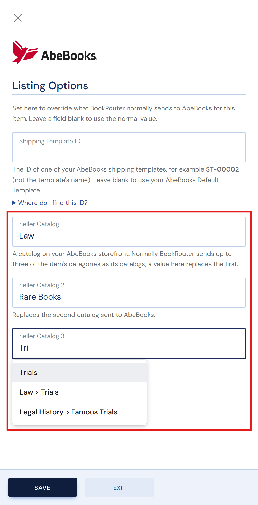 The AbeBooks panel on an item: Seller Catalog 1 set to Law, Seller Catalog 2 to Rare Books, and Seller Catalog 3 suggesting Trials as you type