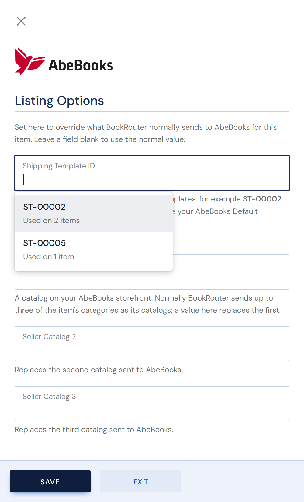 The AbeBooks panel on an item: clicking into Shipping Template ID lists the IDs already used, ST-00002 on 2 items and ST-00005 on 1 item
