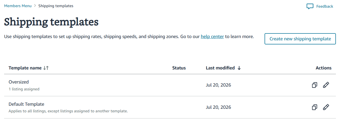 The AbeBooks Shipping templates page listing an Oversized template and the Default Template