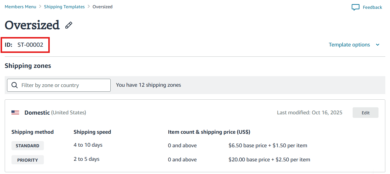 An AbeBooks shipping template named Oversized, its ID ST-00002 shown under the name