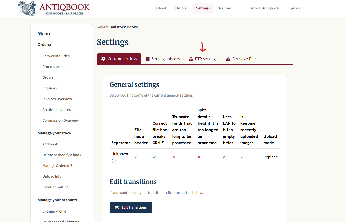 The Antiqbook Settings page with the FTP settings tab highlighted