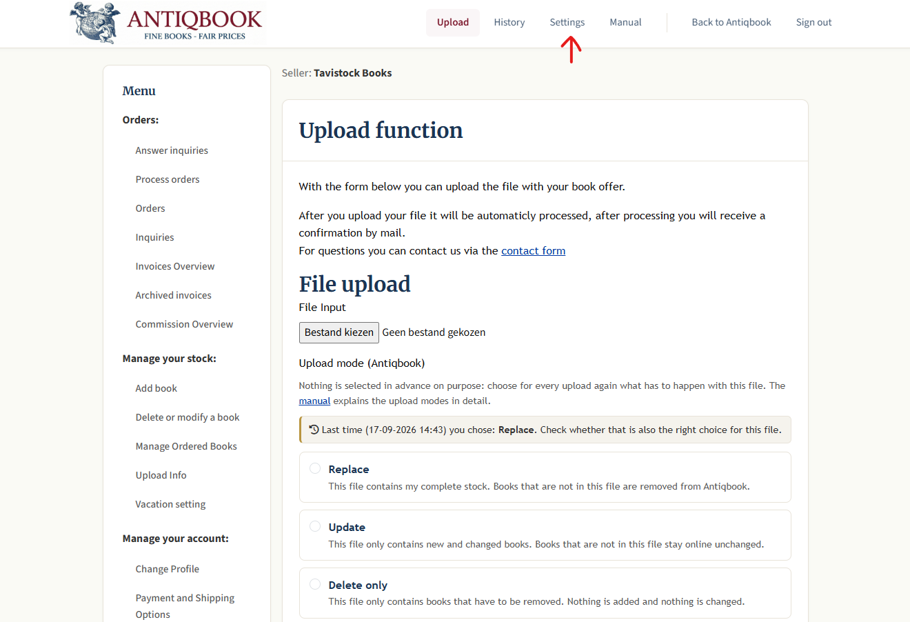 The Antiqbook upload tool with Settings highlighted in the top bar