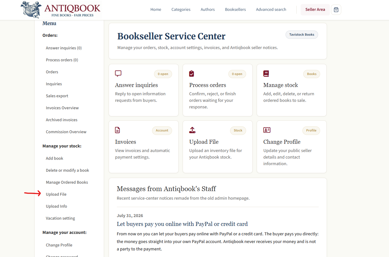 The Antiqbook Bookseller Service Center with Upload File highlighted in the left menu