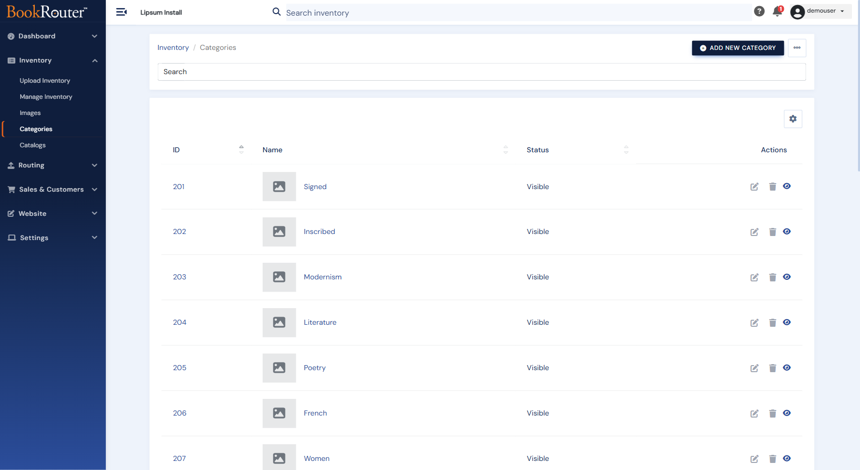 The Categories list with the Edit icon in the Actions column