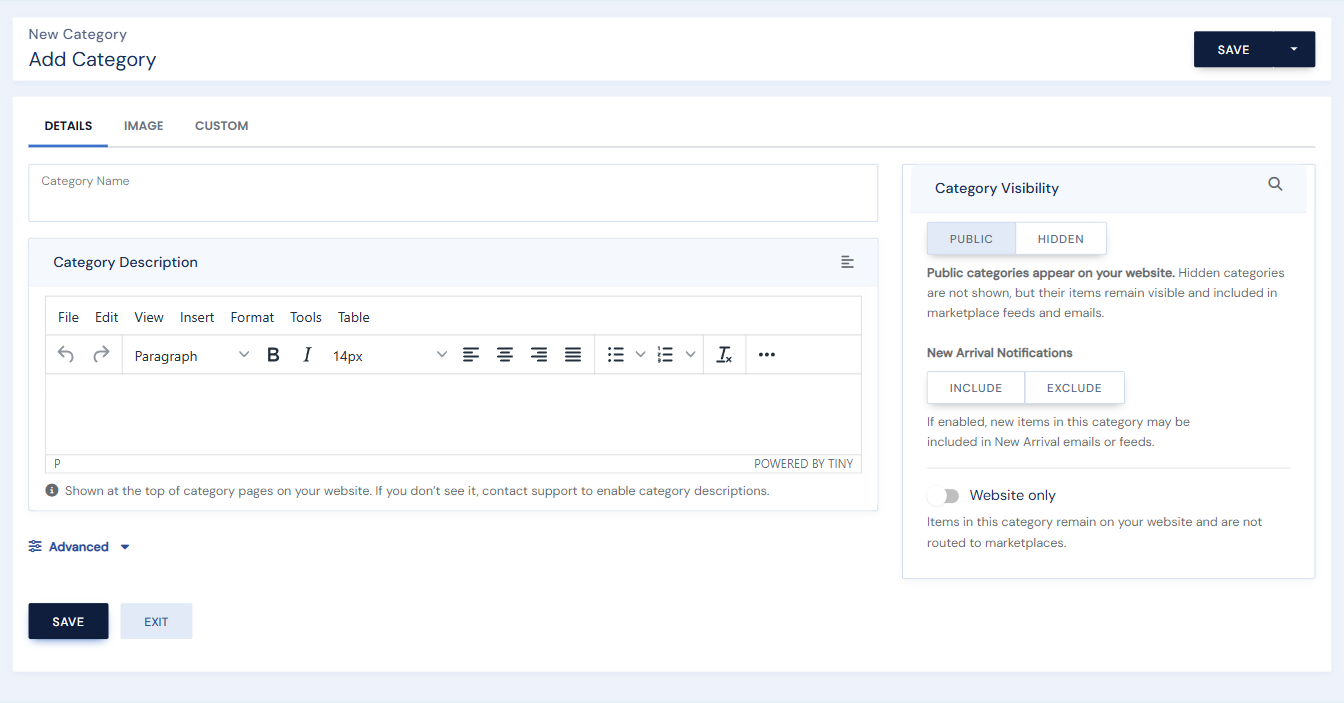 The blank Add Category form, Details tab