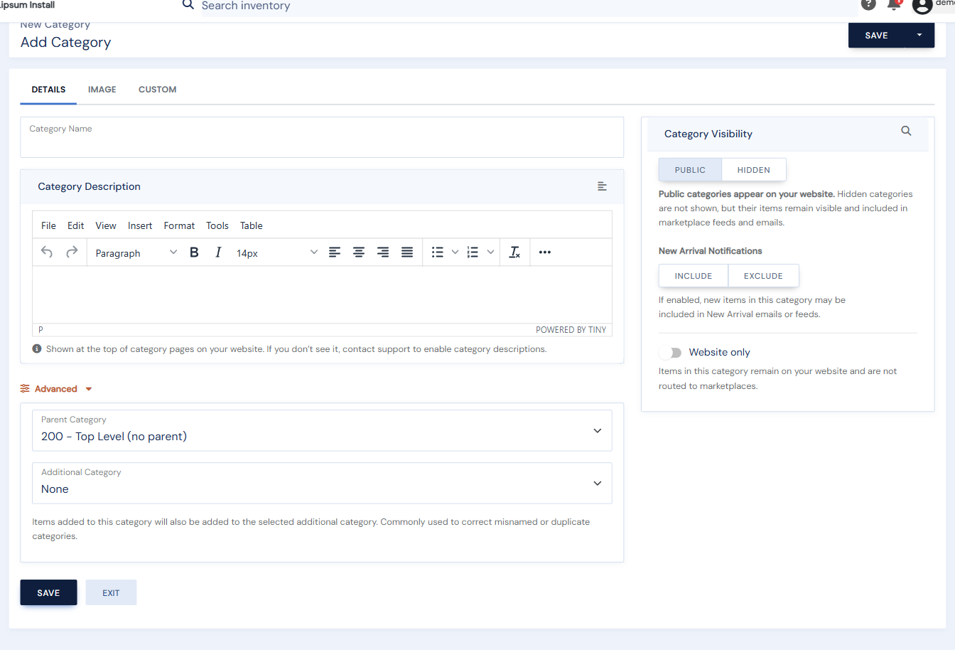 The Advanced section with the Additional Category dropdown