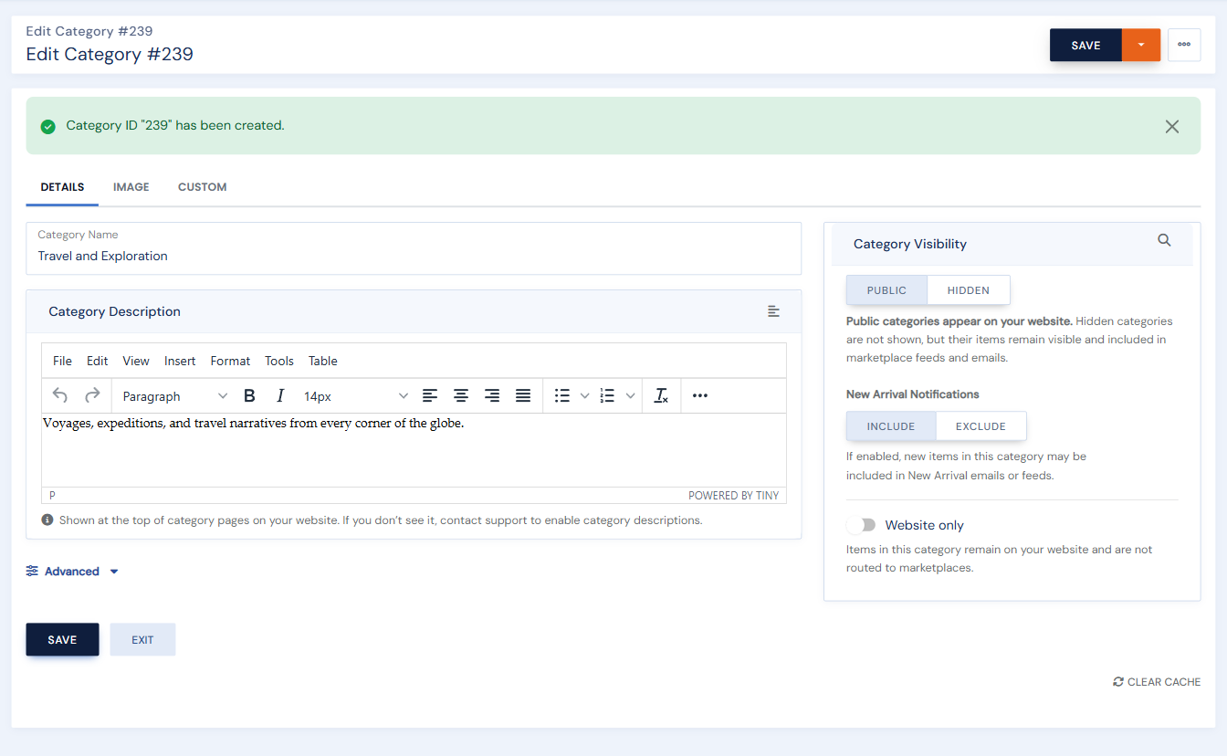The category edit page: name and description on the left, visibility and New Arrival controls on the right