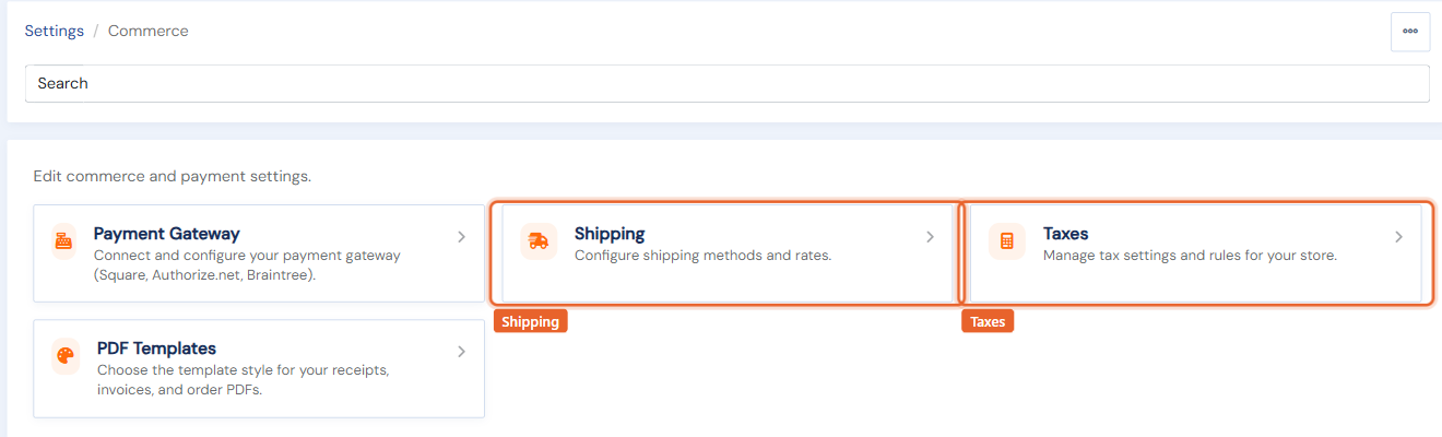 The Settings > Commerce page with the Shipping and Taxes cards