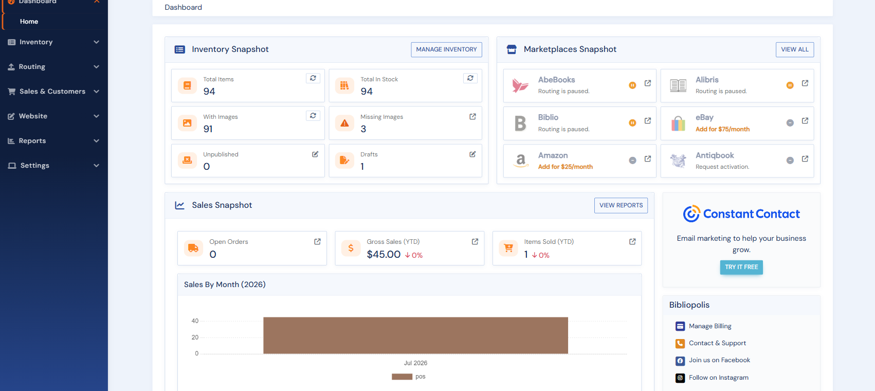 The dashboard: Inventory Snapshot, Marketplaces Snapshot, and Sales Snapshot with a sales-by-month chart