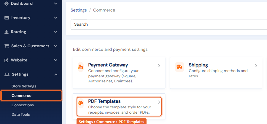 The Settings > Commerce page with the PDF Templates card highlighted