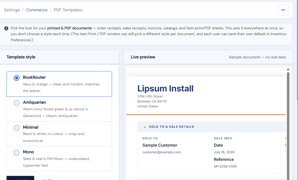 The Document Appearance page: the Template style picker and the live preview