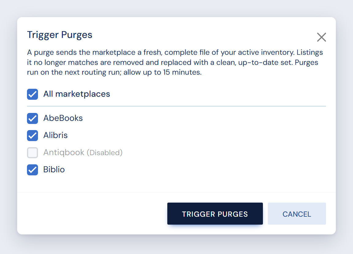 The Trigger Purges window: All marketplaces ticked, AbeBooks, Alibris and Biblio ticked, Antiqbook greyed out as Disabled