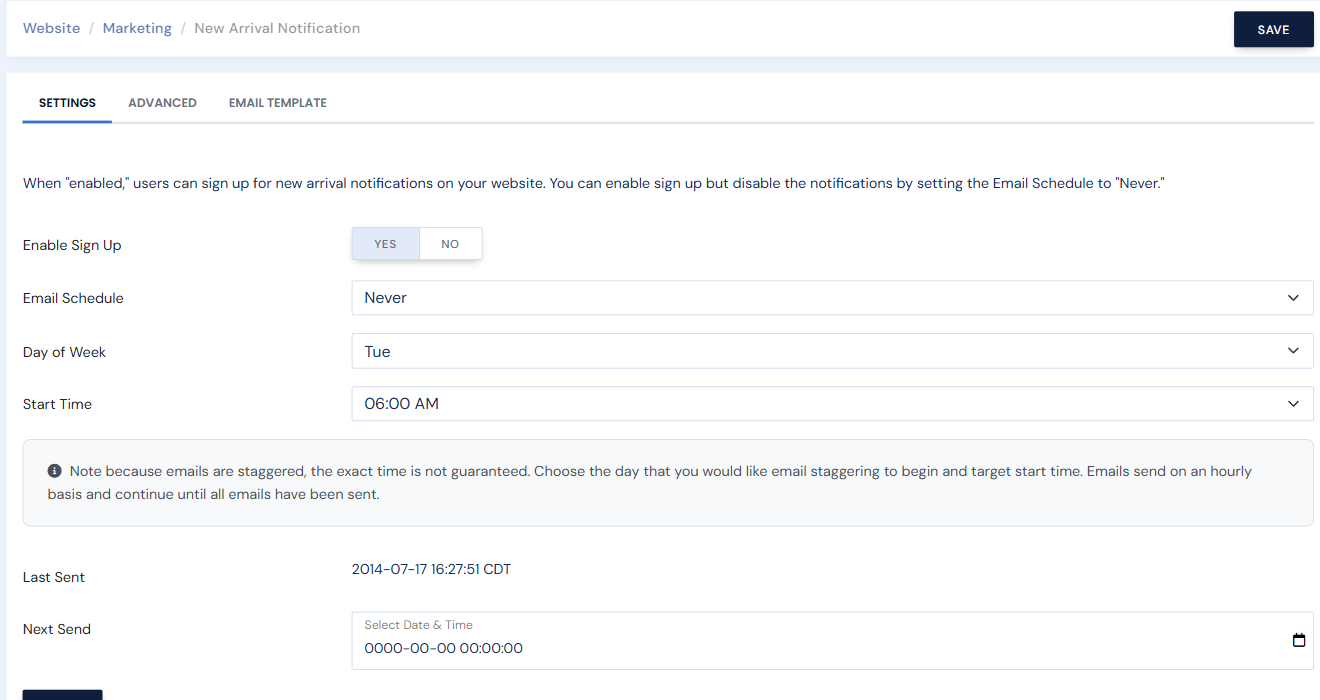 The New Arrival Notification Settings tab with Enable Sign Up and the schedule fields