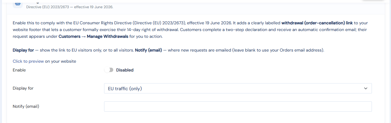The EU Right of Withdrawal section on Business Profile: Enable, Display for, and Notify
