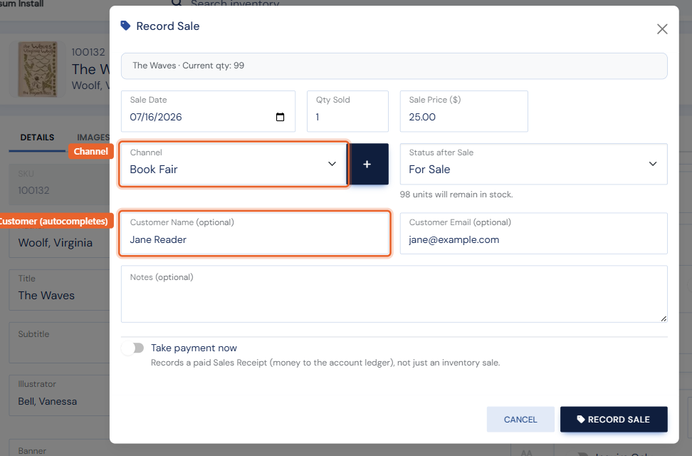 The Record Sale window with the Channel and Customer fields highlighted