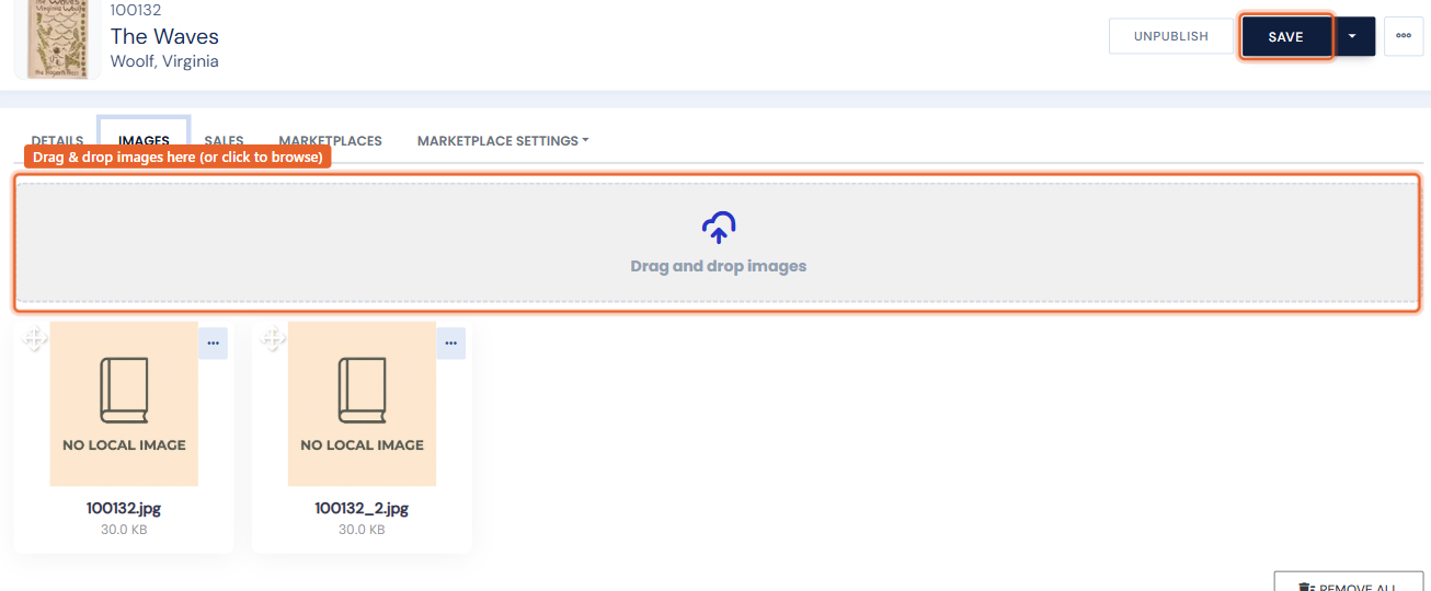 The item's Images tab: the drag-and-drop upload area, existing image thumbnails, and the Save button