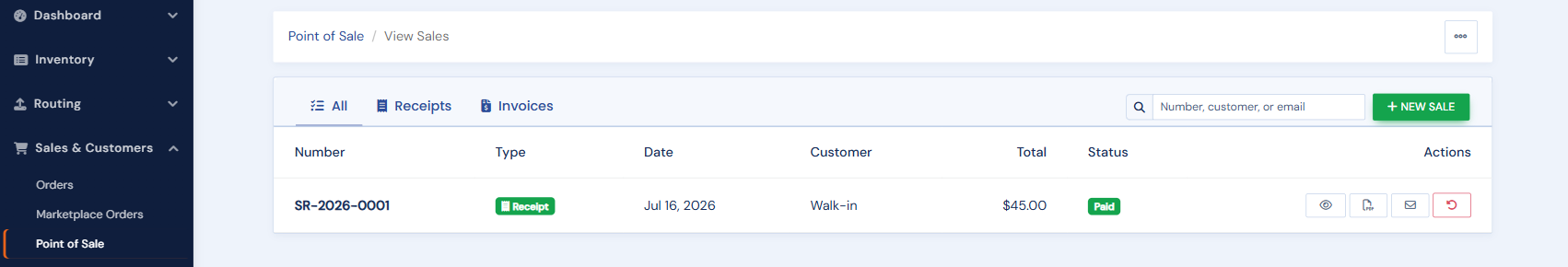 The View Sales ledger: receipts and invoices with number, type, date, customer, total, status, and per-row actions